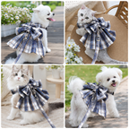 Navy Blue Plaid Pet Harness Dress with Leash for Small Dogs and Cats L Size Bow Design Vest Outfit Walking Accessory