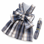 Navy Blue Plaid Pet Harness Dress with Leash for Small Dogs and Cats XL Size Bow Design Vest Outfit Walking Accessory