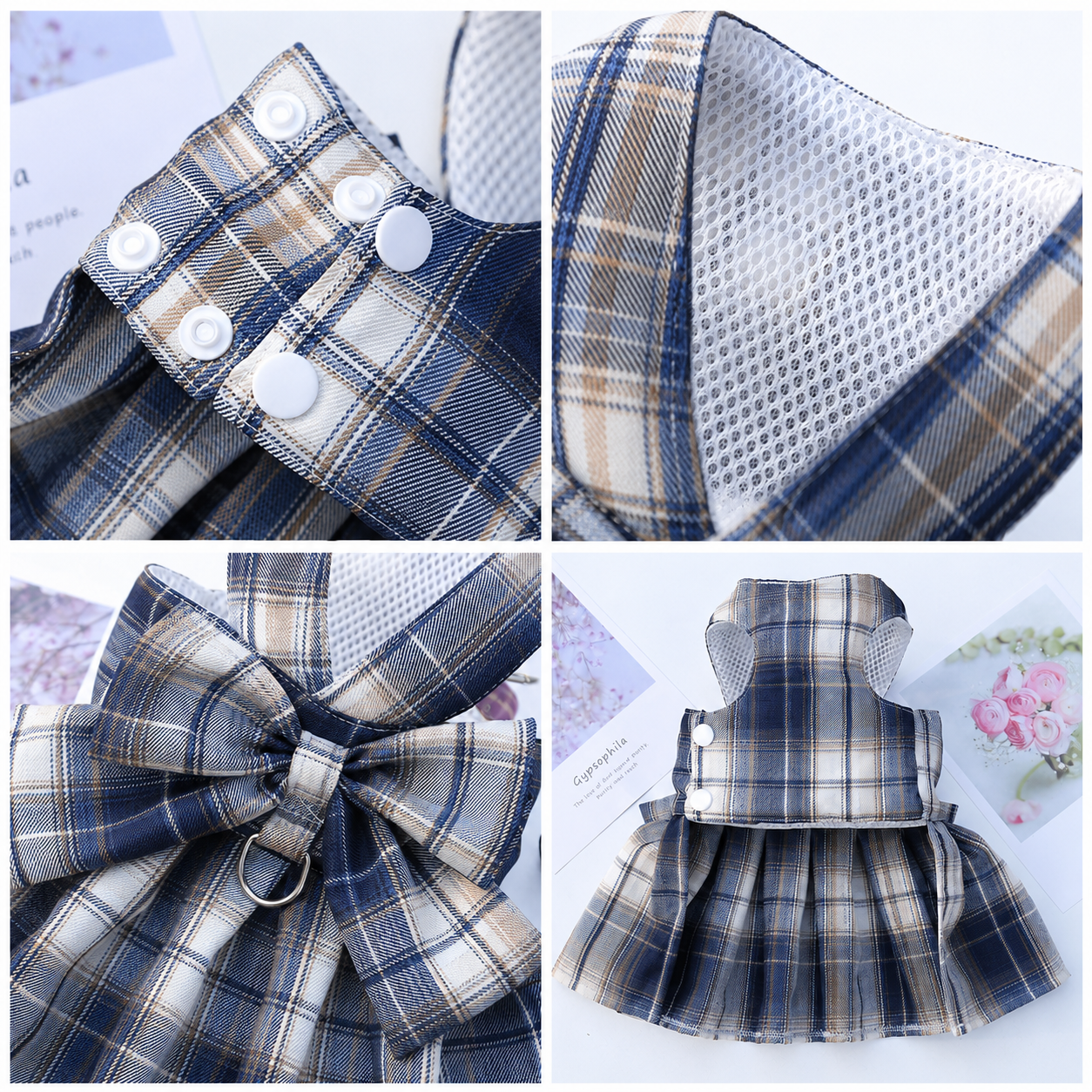 Navy Blue Plaid Pet Harness Dress with Leash for Small Dogs and Cats XXL Size Bow Design Vest Outfit Walking Accessory