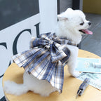 Navy Blue Plaid Pet Harness Dress with Leash for Small Dogs and Cats XXL Size Bow Design Vest Outfit Walking Accessory