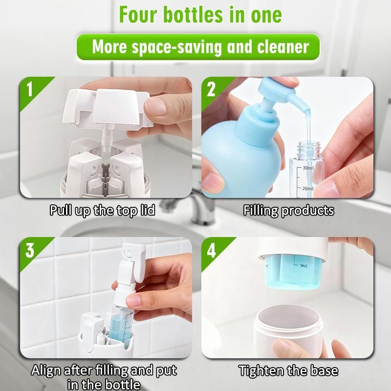 4-in-1 White Compact Travel Cosmetic Dispenser Bottle - 4 x 30ml Refillable Pump Toiletries Containers, Lockable & Leakproof Design, Space-Saving & Free Labels for Shampoo Lotion Cream Perfume