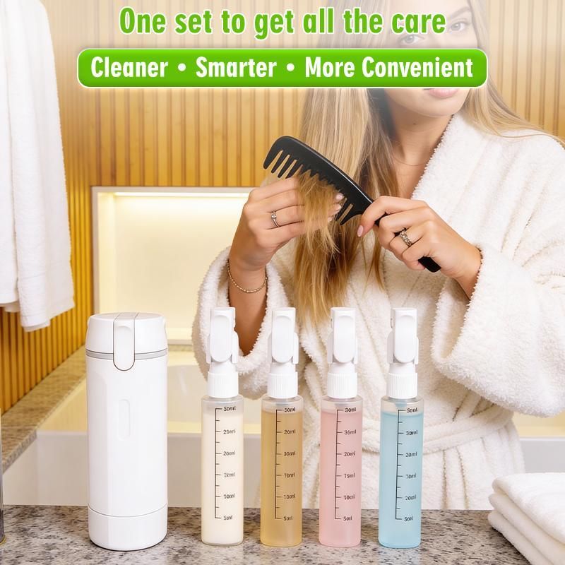 4-in-1 Green Compact Travel Cosmetic Dispenser Bottle - 4 x 30ml Refillable Pump Toiletries Containers, Lockable & Leakproof Design, Space-Saving & Free Labels for Shampoo Lotion Cream Perfume