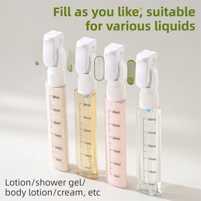 4-in-1 Green Compact Travel Cosmetic Dispenser Bottle - 4 x 30ml Refillable Pump Toiletries Containers, Lockable & Leakproof Design, Space-Saving & Free Labels for Shampoo Lotion Cream Perfume