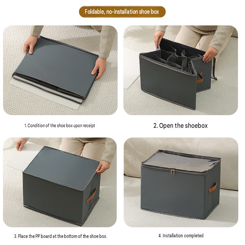 Gray Foldable Shoe Storage Box with Dustproof Clear Top Window, 16 Grid Dividers, Sock Pockets & Handle - Moisture Resistant Oxford Shoe Organizer, Free Installation and Compact for Closet Bedroom Home Storage