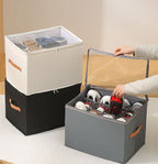 Gray Foldable Shoe Storage Box with Dustproof Clear Top Window, 16 Grid Dividers, Sock Pockets & Handle - Moisture Resistant Oxford Shoe Organizer, Free Installation and Compact for Closet Bedroom Home Storage