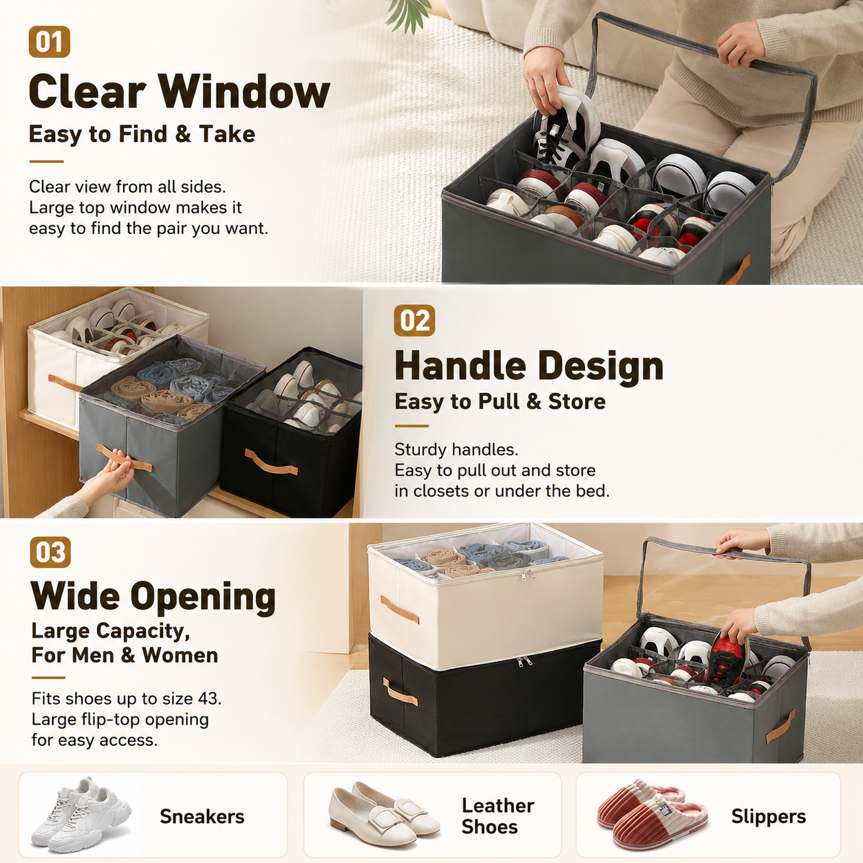 Black Foldable Shoe Storage Box with Dustproof Clear Top Window, 16 Grid Dividers, Sock Pockets & Handle - Moisture Resistant Oxford Shoe Organizer, Free Installation and Compact for Closet Bedroom Home Storage