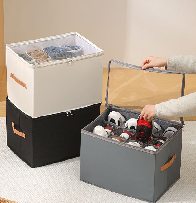 Beige Foldable Shoe Storage Box with Dustproof Clear Top Window, 12 Grid Dividers & Handle - Moisture Resistant Oxford Shoe Organizer, Free Installation and Compact for Closet Bedroom Home Storage