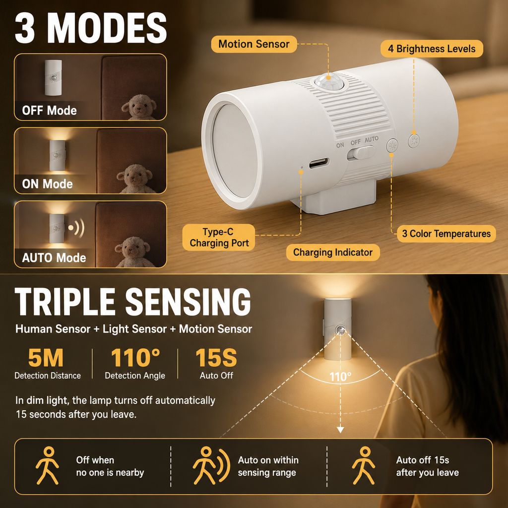 2-Pack Black and White Rechargeable Magnetic Dual Direction Wall Lamp - Widely Triple Sensing, 15s Automatic Timing & Constant On Mode, 3 Colours and 4 Brightness Levels for Hallways and Bedrooms
