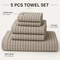 5 Piece Grey Waffle Weave 100% Cotton Towel Set - Quick Dry Absorbent Bath Towel, 2 x Towels and 2 x Face Towels with Hanging Hook for Home and Guest Use