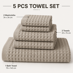 5 Piece Grey Waffle Weave 100% Cotton Towel Set - Quick Dry Absorbent Bath Towel, 2 x Towels and 2 x Face Towels with Hanging Hook for Home and Guest Use