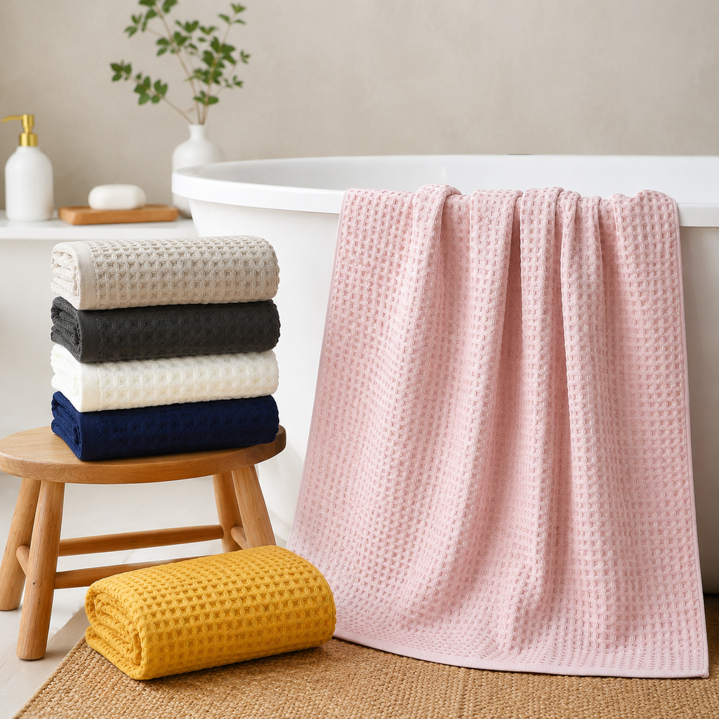 5 Piece Grey Waffle Weave 100% Cotton Towel Set - Quick Dry Absorbent Bath Towel, 2 x Towels and 2 x Face Towels with Hanging Hook for Home and Guest Use