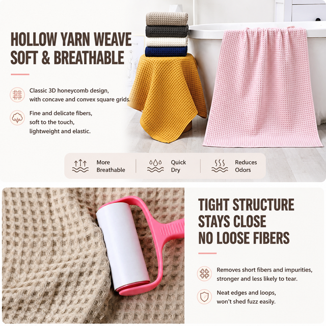 5 Piece Dark Blue Waffle Weave 100% Cotton Towel Set - Quick Dry Absorbent Bath Towel, 2 x Towels and 2 x Face Towels with Hanging Hook for Home and Guest Use