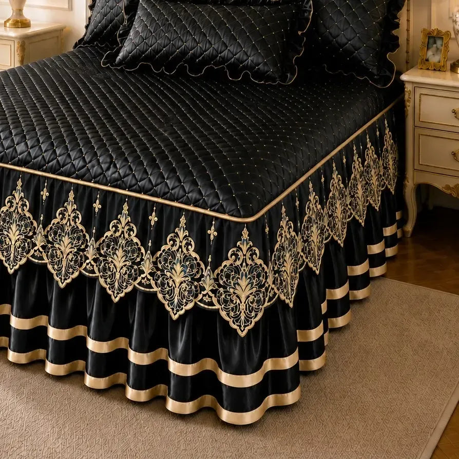 Black and Gold European Soft Brushed Quilted Bed Skirt + 2 Pillowcases Set - Breathable Padded 180 x 200CM Mattress Cover with Lace Trim and 45CM Elevated Valance, All Season Dust Protection