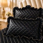 Black and Gold European Soft Brushed Quilted Bed Skirt + 2 Pillowcases Set - Breathable Padded 180 x 200CM Mattress Cover with Lace Trim and 45CM Elevated Valance, All Season Dust Protection