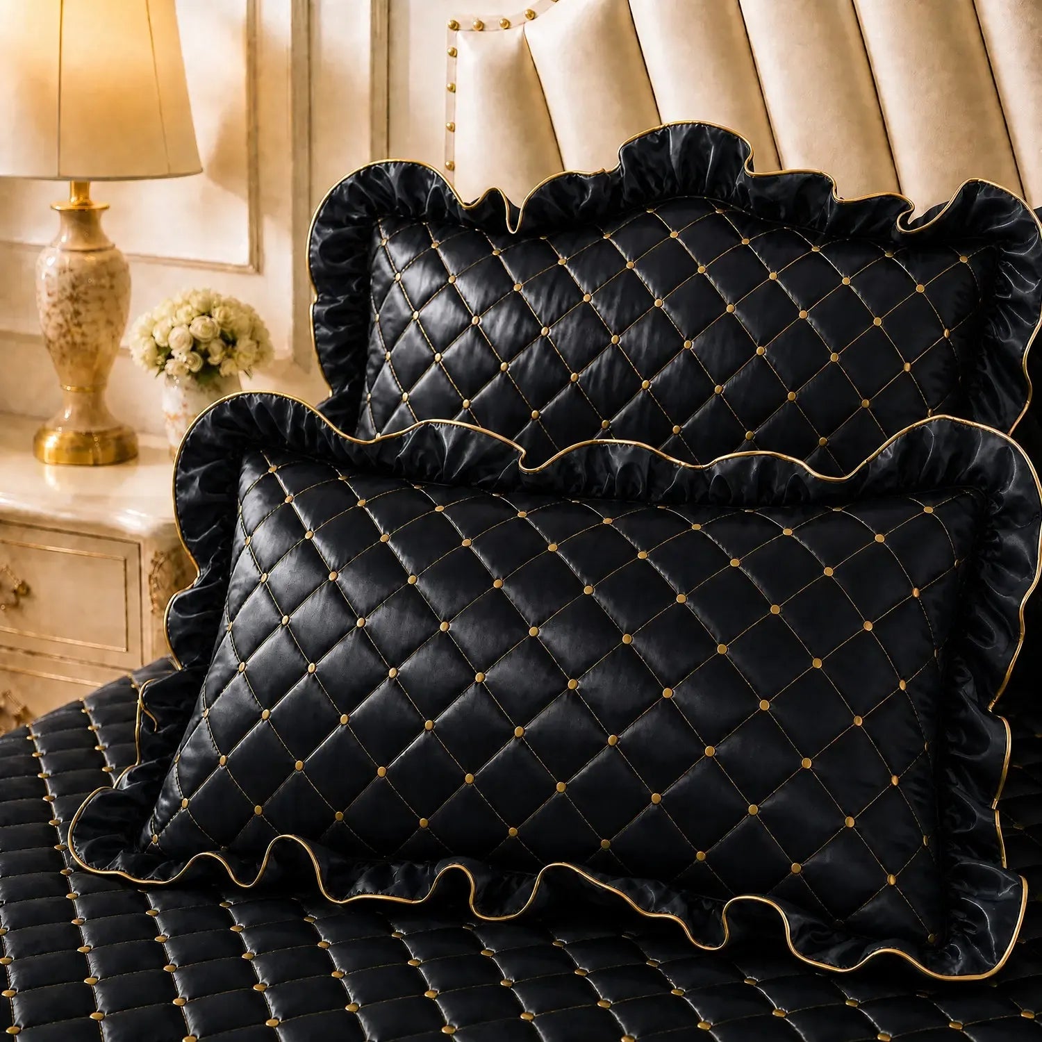 Blue and Gold European Soft Brushed Quilted Bed Skirt + 2 Pillowcases Set - Breathable Padded 180 x 200CM Mattress Cover with Lace Trim and 45CM Elevated Valance, All Season Dust Protection