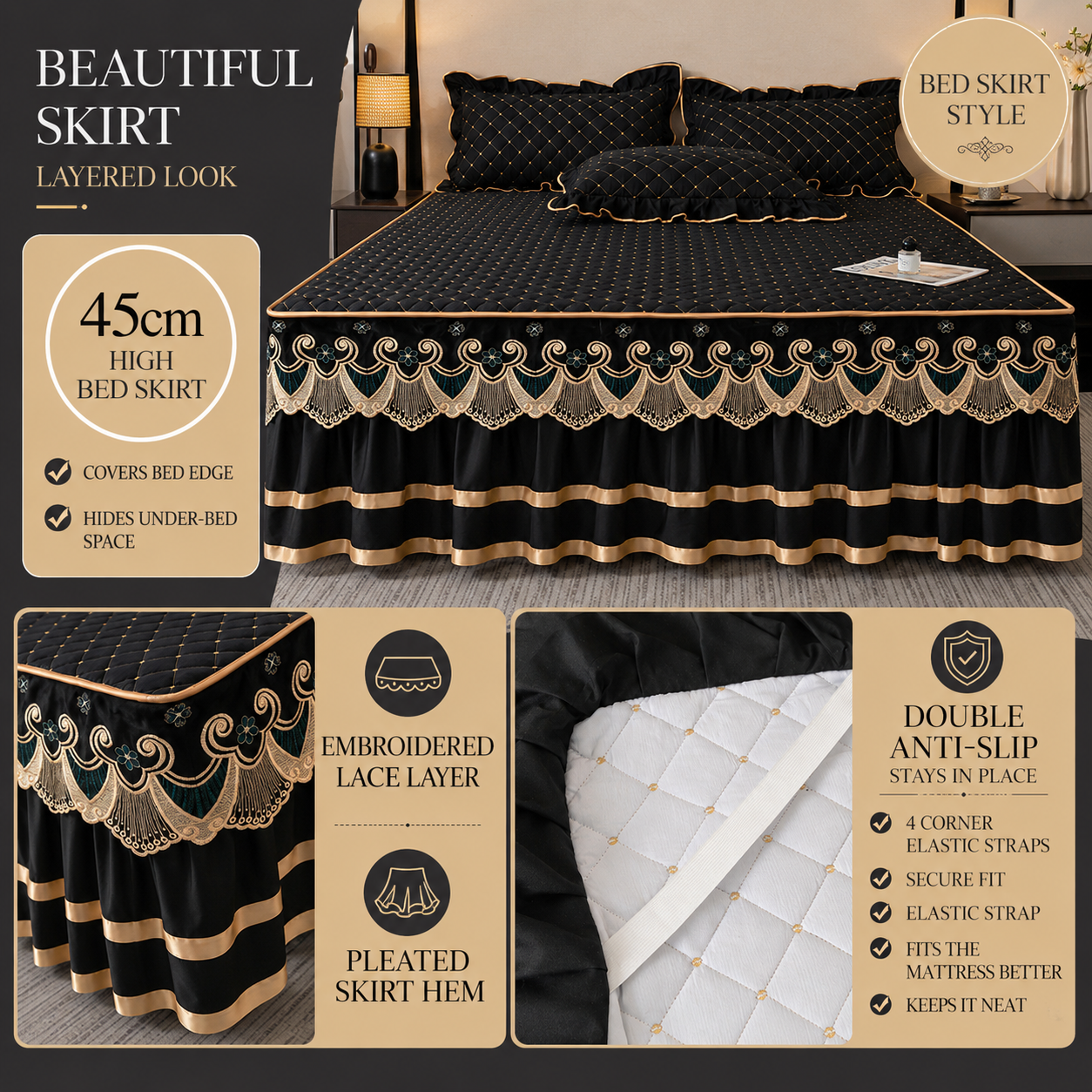 Blue and Gold European Soft Brushed Quilted Bed Skirt + 2 Pillowcases Set - Breathable Padded 180 x 220CM Mattress Cover with Lace Trim and 45CM Elevated Valance, All Season Dust Protection