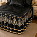 Purple and Gold European Soft Brushed Quilted Bed Skirt + 2 Pillowcases Set - Breathable Padded 180 x 220CM Mattress Cover with Lace Trim and 45CM Elevated Valance, All Season Dust Protection