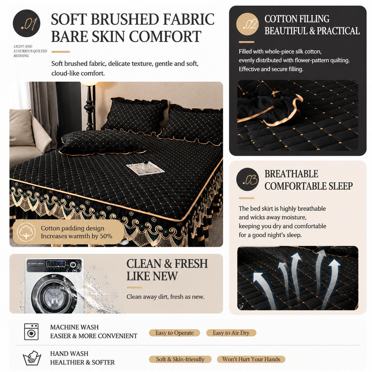 Purple and Gold European Soft Brushed Quilted Bed Skirt + 2 Pillowcases Set - Breathable Padded 200 x 220CM Mattress Cover with Lace Trim and 45CM Elevated Valance, All Season Dust Protection