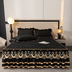 Green and Gold European Soft Brushed Quilted Bed Skirt + 2 Pillowcases Set - Breathable Padded 180 x 200CM Mattress Cover with Lace Trim and 45CM Elevated Valance, All Season Dust Protection