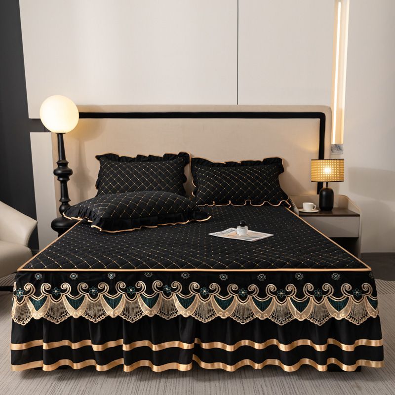 Green and Gold European Soft Brushed Quilted Bed Skirt + 2 Pillowcases Set - Breathable Padded 180 x 220CM Mattress Cover with Lace Trim and 45CM Elevated Valance, All Season Dust Protection