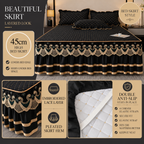 Green and Gold European Soft Brushed Quilted Bed Skirt + 2 Pillowcases Set - Breathable Padded 200 x 220CM Mattress Cover with Lace Trim and 45CM Elevated Valance, All Season Dust Protection