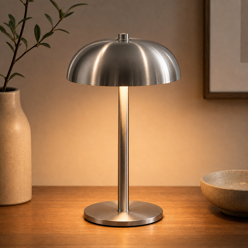 Silver Metal Mushroom Table Lamp with Top Touch Control, 3 Colour Mode & Stepless Dimming - USB-C Rechargeable Night Light, Stable Base and High-Transmittance Shade for Bedside and Dining