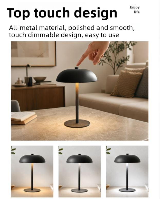 Silver Metal Mushroom Table Lamp with Top Touch Control, 3 Colour Mode & Stepless Dimming - USB-C Rechargeable Night Light, Stable Base and High-Transmittance Shade for Bedside and Dining