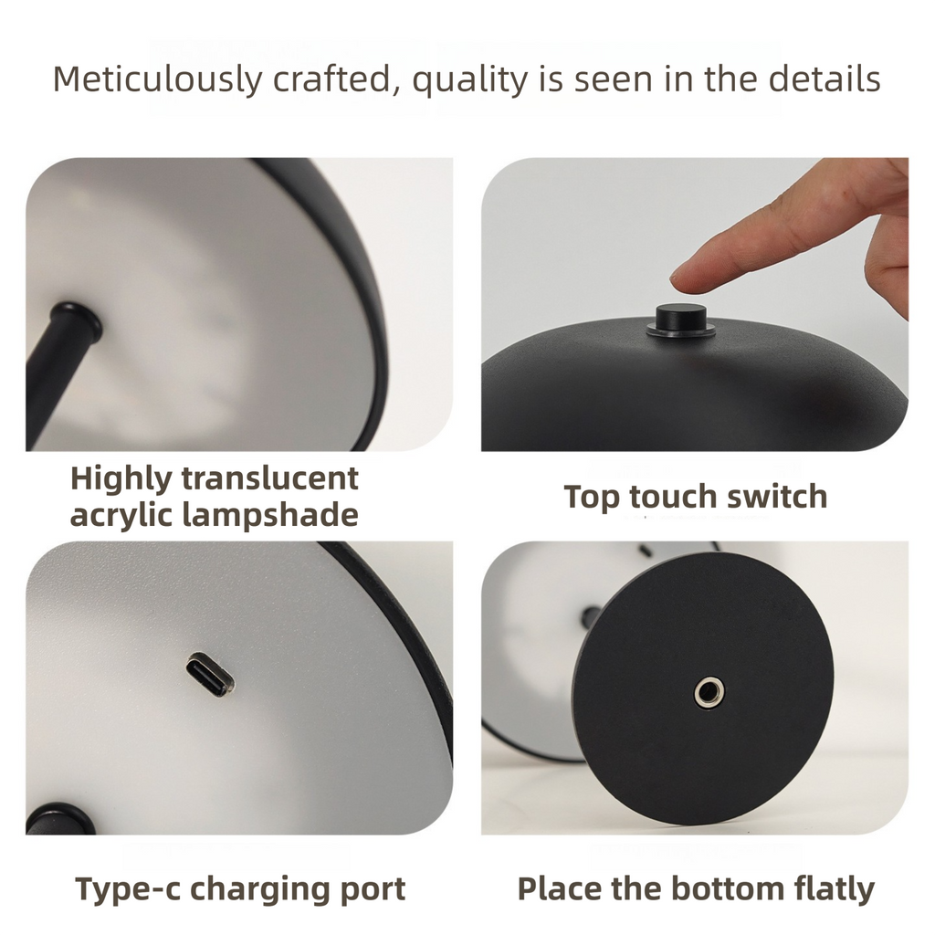 Silver Metal Mushroom Table Lamp with Top Touch Control, 3 Colour Mode & Stepless Dimming - USB-C Rechargeable Night Light, Stable Base and High-Transmittance Shade for Bedside and Dining