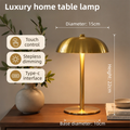 Gold Metal Mushroom Table Lamp with Top Touch Control, 3 Colour Mode & Stepless Dimming - USB-C Rechargeable Night Light, Stable Base and High-Transmittance Shade for Bedside and Dining