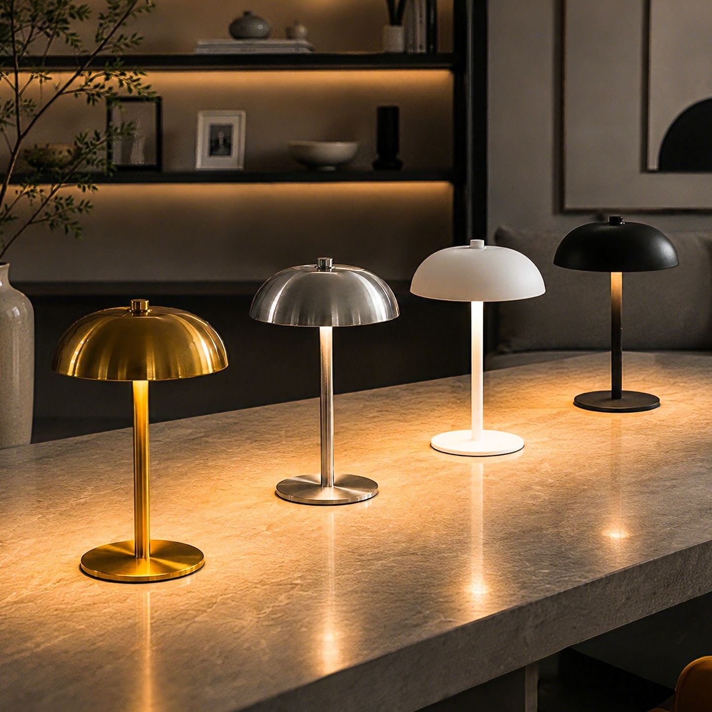 Gold Metal Mushroom Table Lamp with Top Touch Control, 3 Colour Mode & Stepless Dimming - USB-C Rechargeable Night Light, Stable Base and High-Transmittance Shade for Bedside and Dining