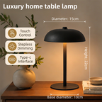 Black Metal Mushroom Table Lamp with Top Touch Control, 3 Colour Mode & Stepless Dimming - USB-C Rechargeable Night Light, Stable Base and High-Transmittance Shade for Bedside and Dining