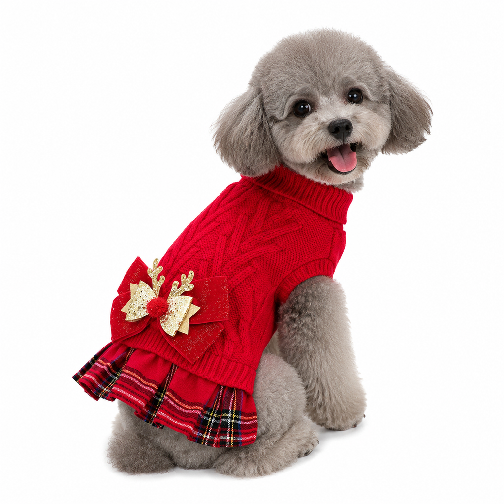 Red  S Size Reindeer antler design bow-knot Christmas Pet Knitted Dress - Acrylic Dog and Cat Jumper, Lightweight Festive Winter Outfit for Pets, Holiday Photos and Celebrations