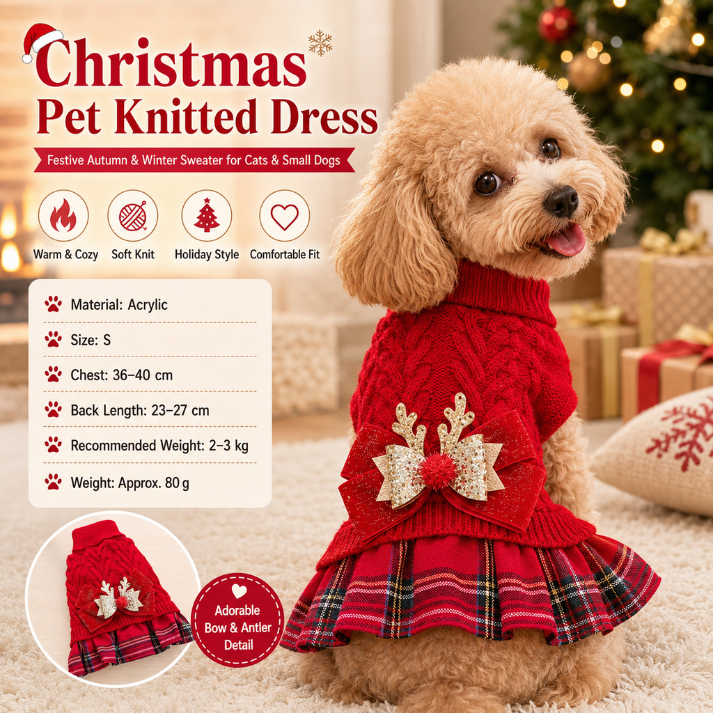 Red  S Size Reindeer antler design bow-knot Christmas Pet Knitted Dress - Acrylic Dog and Cat Jumper, Lightweight Festive Winter Outfit for Pets, Holiday Photos and Celebrations