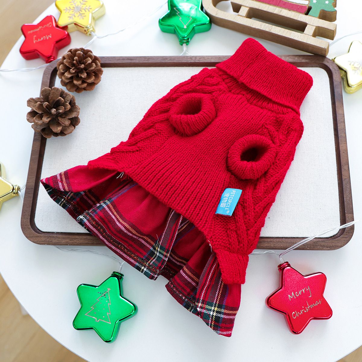 Red  S Size Reindeer antler design bow-knot Christmas Pet Knitted Dress - Acrylic Dog and Cat Jumper, Lightweight Festive Winter Outfit for Pets, Holiday Photos and Celebrations