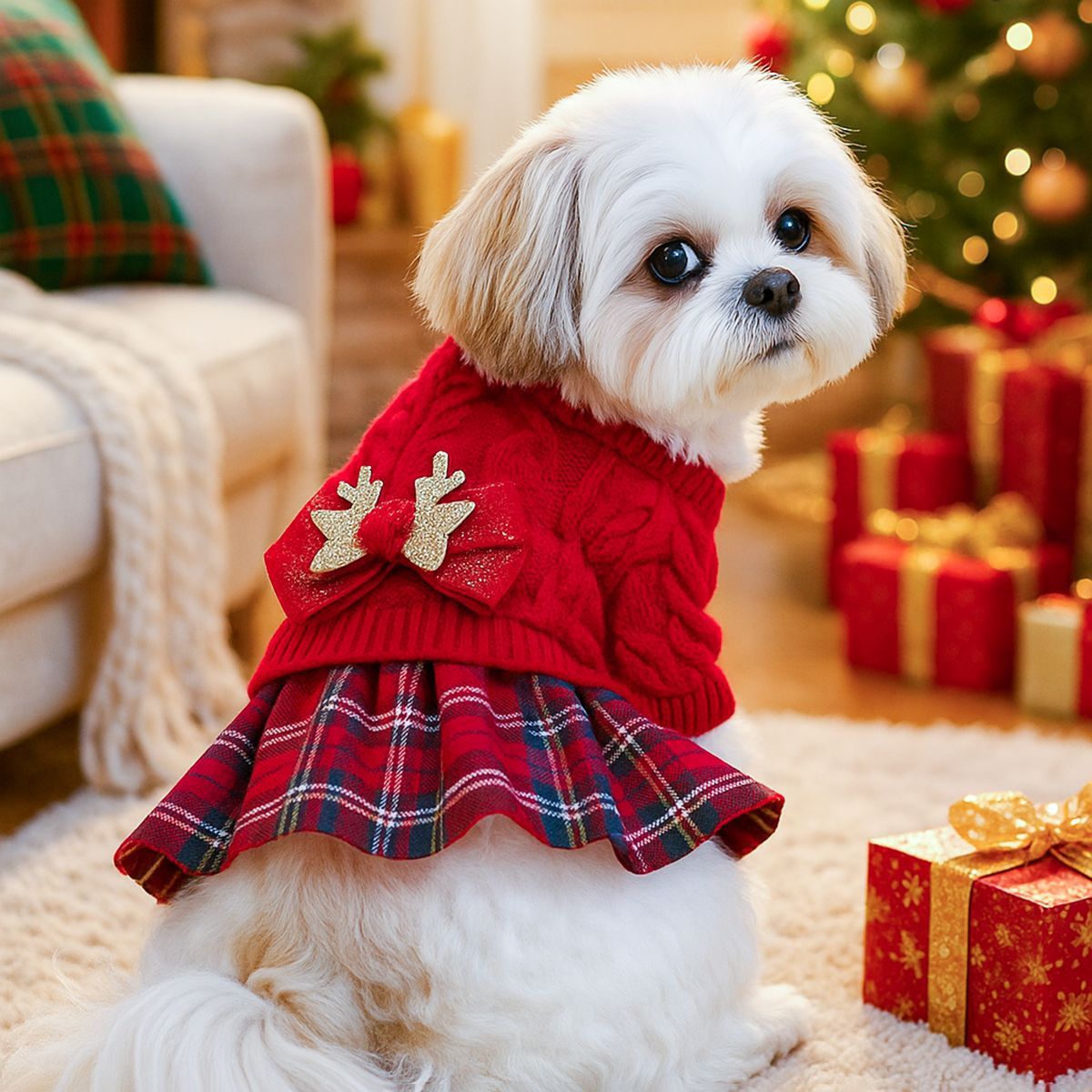 Red  M Size Reindeer antler design bow-knot Christmas Pet Knitted Dress - Acrylic Dog and Cat Jumper, Lightweight Festive Winter Outfit for Pets, Holiday Photos and Celebrations