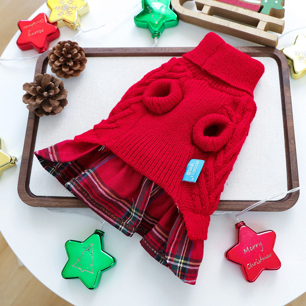 Red  M Size Reindeer antler design bow-knot Christmas Pet Knitted Dress - Acrylic Dog and Cat Jumper, Lightweight Festive Winter Outfit for Pets, Holiday Photos and Celebrations