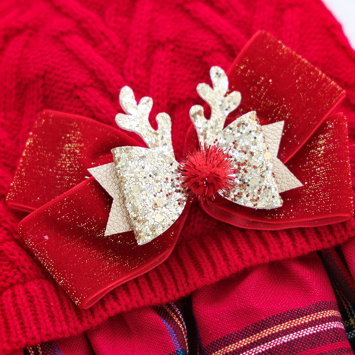 Red  L Size Reindeer antler design bow-knot Christmas Pet Knitted Dress - Acrylic Dog and Cat Jumper, Lightweight Festive Winter Outfit for Pets, Holiday Photos and Celebrations