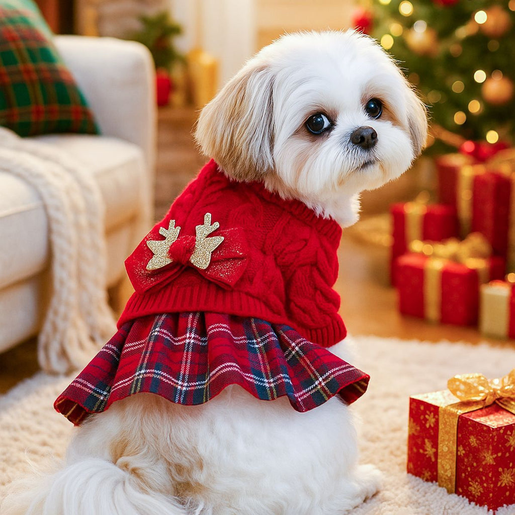 Red  XL Size Reindeer antler design bow-knot Christmas Pet Knitted Dress - Acrylic Dog and Cat Jumper, Lightweight Festive Winter Outfit for Pets, Holiday Photos and Celebrations