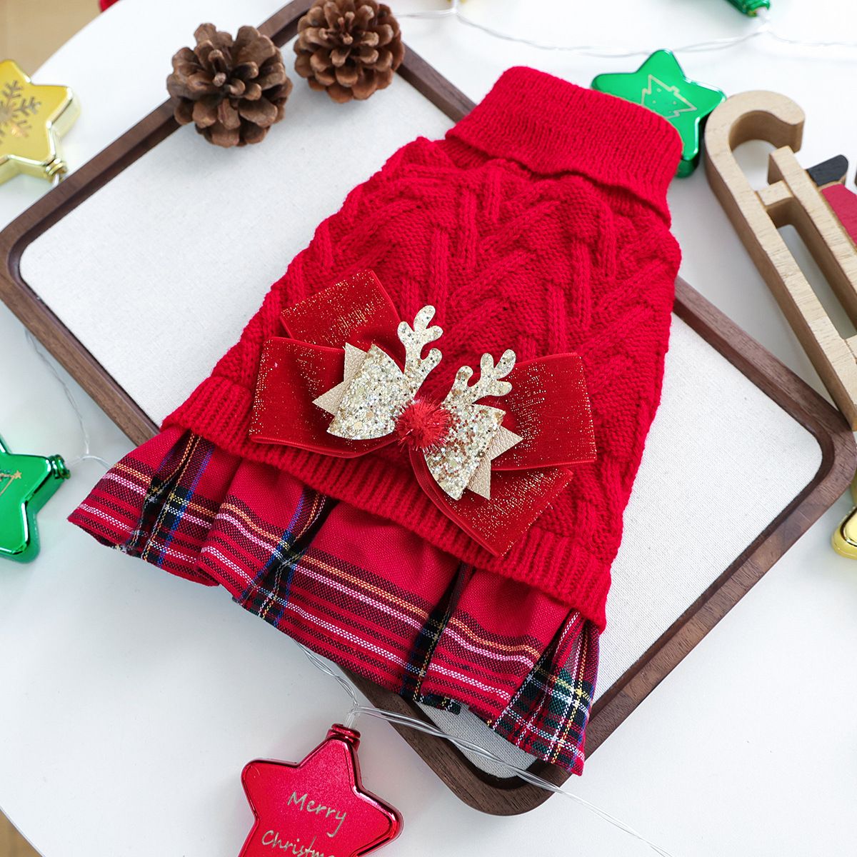 Red  XL Size Reindeer antler design bow-knot Christmas Pet Knitted Dress - Acrylic Dog and Cat Jumper, Lightweight Festive Winter Outfit for Pets, Holiday Photos and Celebrations