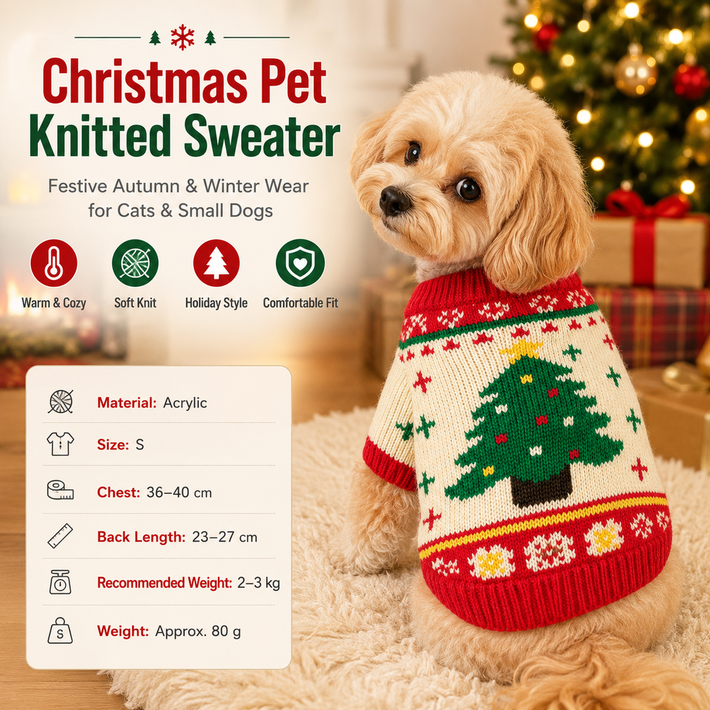 Red and Green  S Size Christmas tree pattern Christmas Pet Knitted Dress - Acrylic Dog and Cat Jumper, Lightweight Festive Winter Outfit for Pets, Holiday Photos and Celebrations