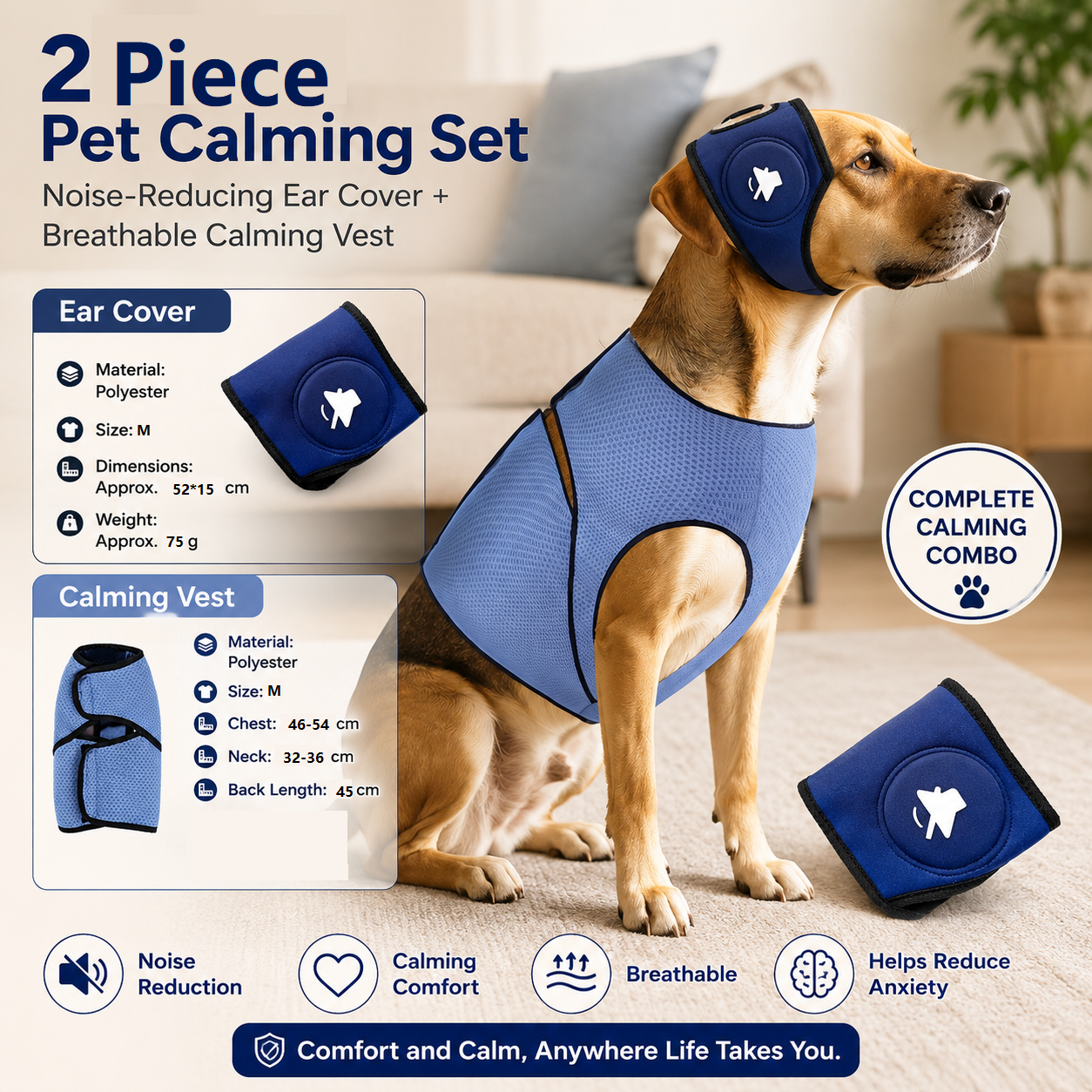 Blue M Size Dog Anxiety Relief Set - Breathable Mesh Calming Vest and Noise Reducing Earmuffs for Dogs, Thunderstorm and Fireworks Stress Support