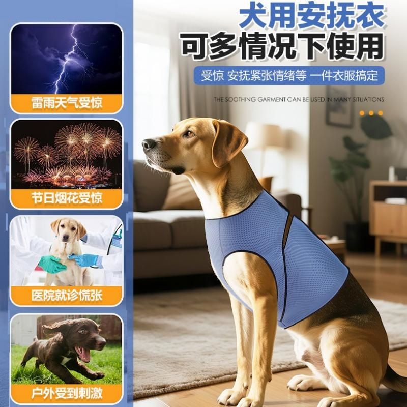 Blue L Size Dog Anxiety Relief Set - Breathable Mesh Calming Vest and Noise Reducing Earmuffs for Dogs, Thunderstorm and Fireworks Stress Support