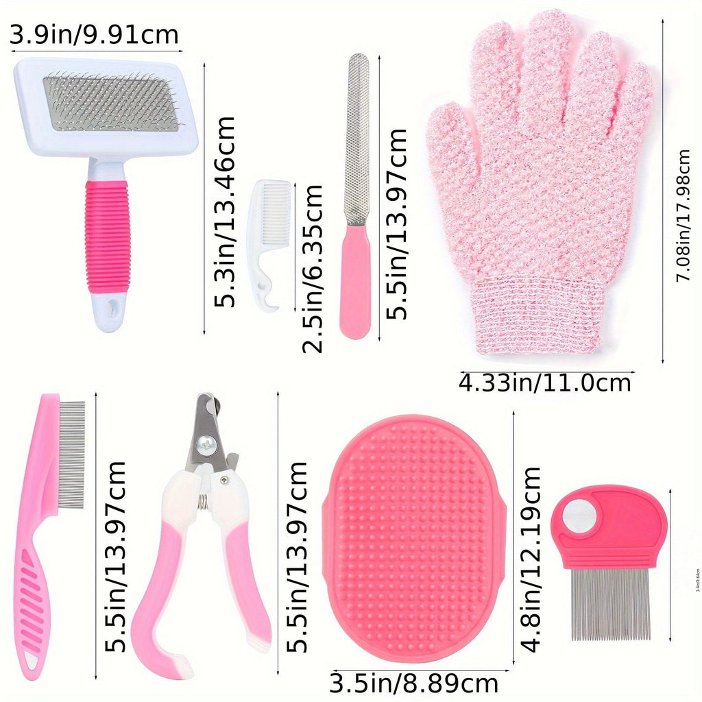 Pink 8-Piece Pet Grooming Kit - Nail Clippers, Slicker Brush, Flea Comb & Bath Glove for Dogs Cats Rabbits, Complete Home Care Pet Set