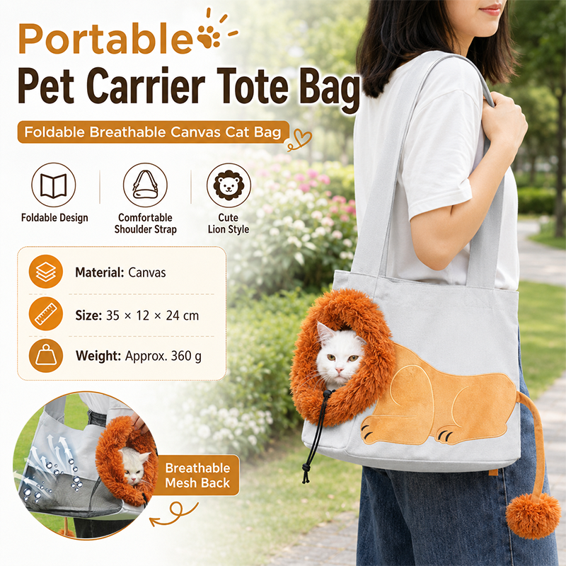 Lion Style Canvas Pet Carrier Grey Bag（small size 35*12*24cm） - Adjustable Head Opening, Breathable Mesh, 8cm Wide Shoulder Strap, PE Support Base, Portable Crossbody Sling for Cats and Small Dogs, Travel Friendly Design