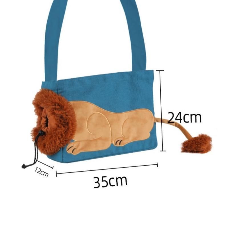 Lion Style Canvas Pet Carrier Blue Bag（small size 35*12*24cm） - Adjustable Head Opening, Breathable Mesh, 8cm Wide Shoulder Strap, PE Support Base, Portable Crossbody Sling for Cats and Small Dogs, Travel Friendly Design