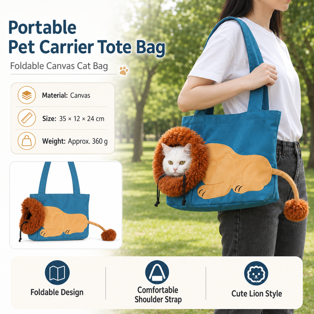 Lion Style Canvas Pet Carrier Blue Bag（small size 35*12*24cm） - Adjustable Head Opening, Breathable Mesh, 8cm Wide Shoulder Strap, PE Support Base, Portable Crossbody Sling for Cats and Small Dogs, Travel Friendly Design