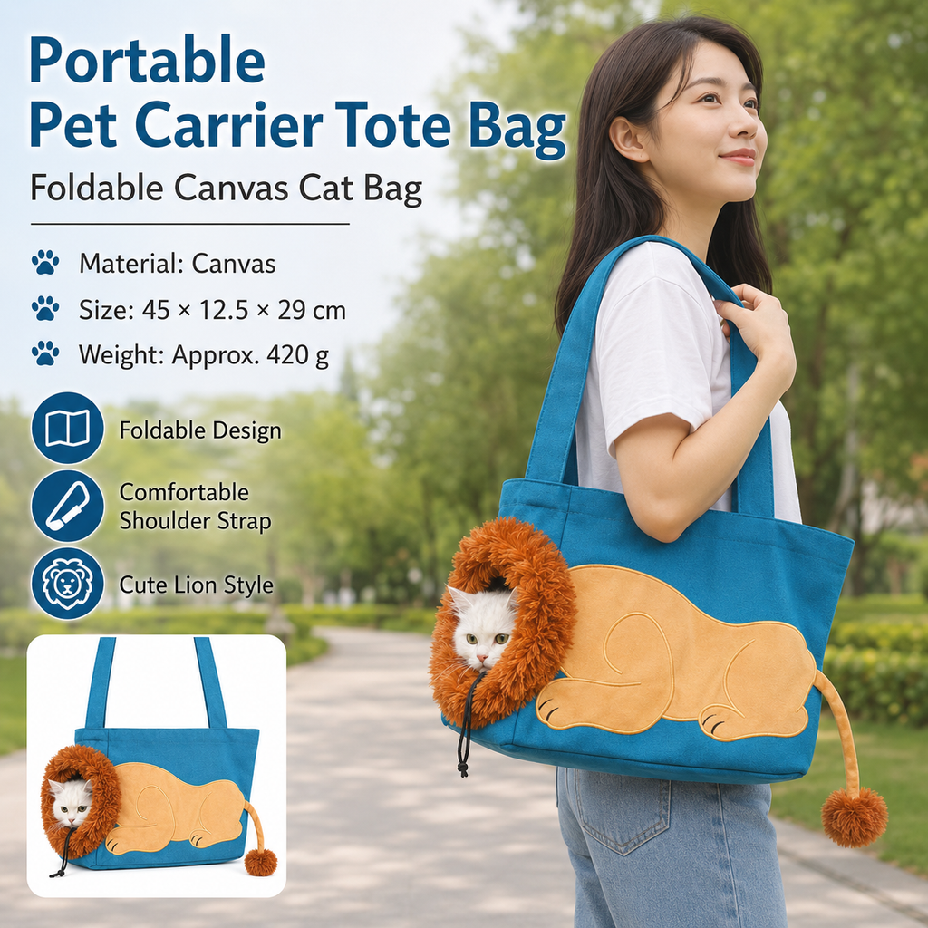 Lion Style Canvas Pet Carrier Blue Bag（big size 45*12.5*29cm） - Adjustable Head Opening, Breathable Mesh, 8cm Wide Shoulder Strap, PE Support Base, Portable Crossbody Sling for Cats and Dogs, Travel Friendly Design