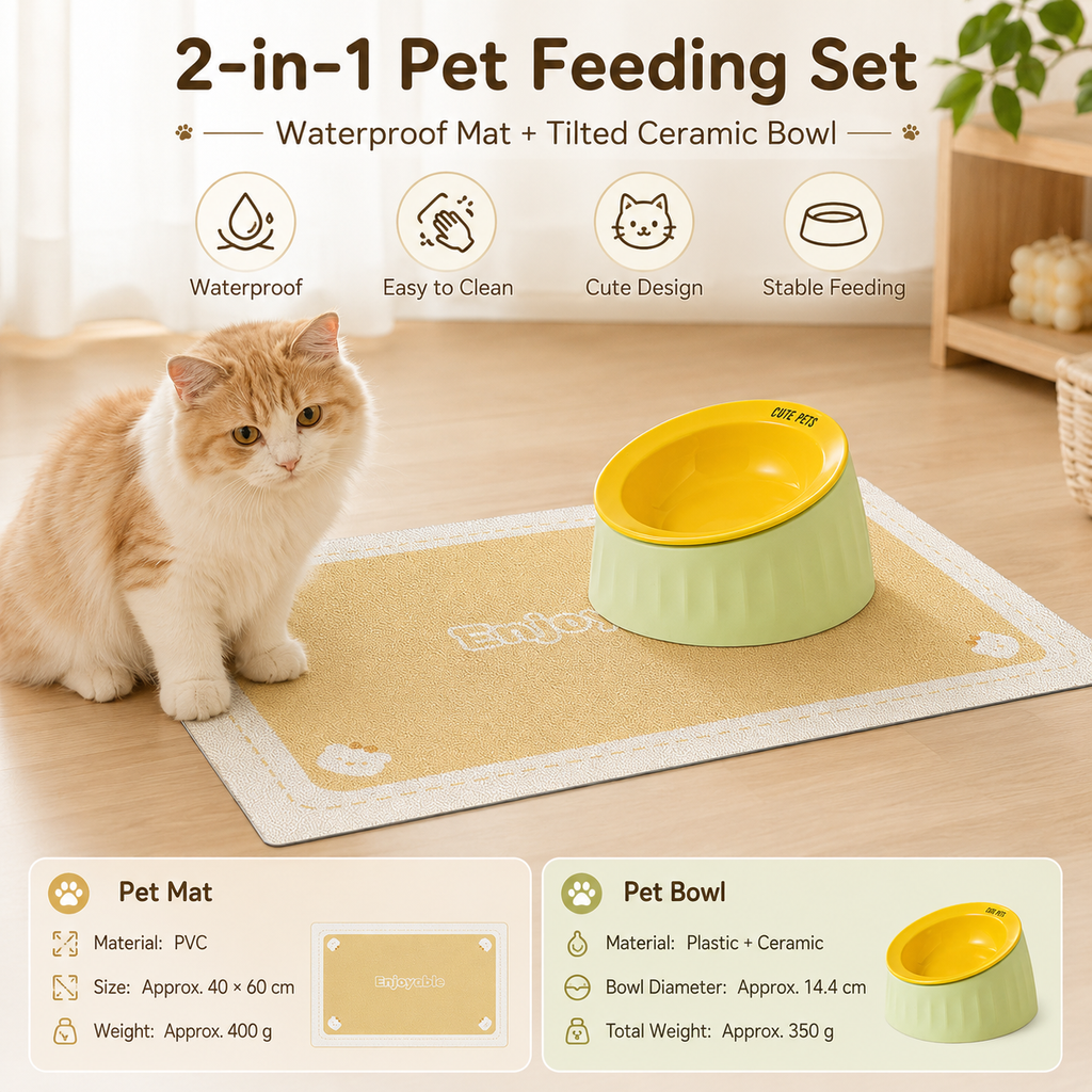 Pet Feeding Set - 15 Degree Tilted Ceramic Yellow Bowl and Yellow Non-Slip PVC Mat, Detachable Design, Easy Clean Cat Dog Food Water Dish