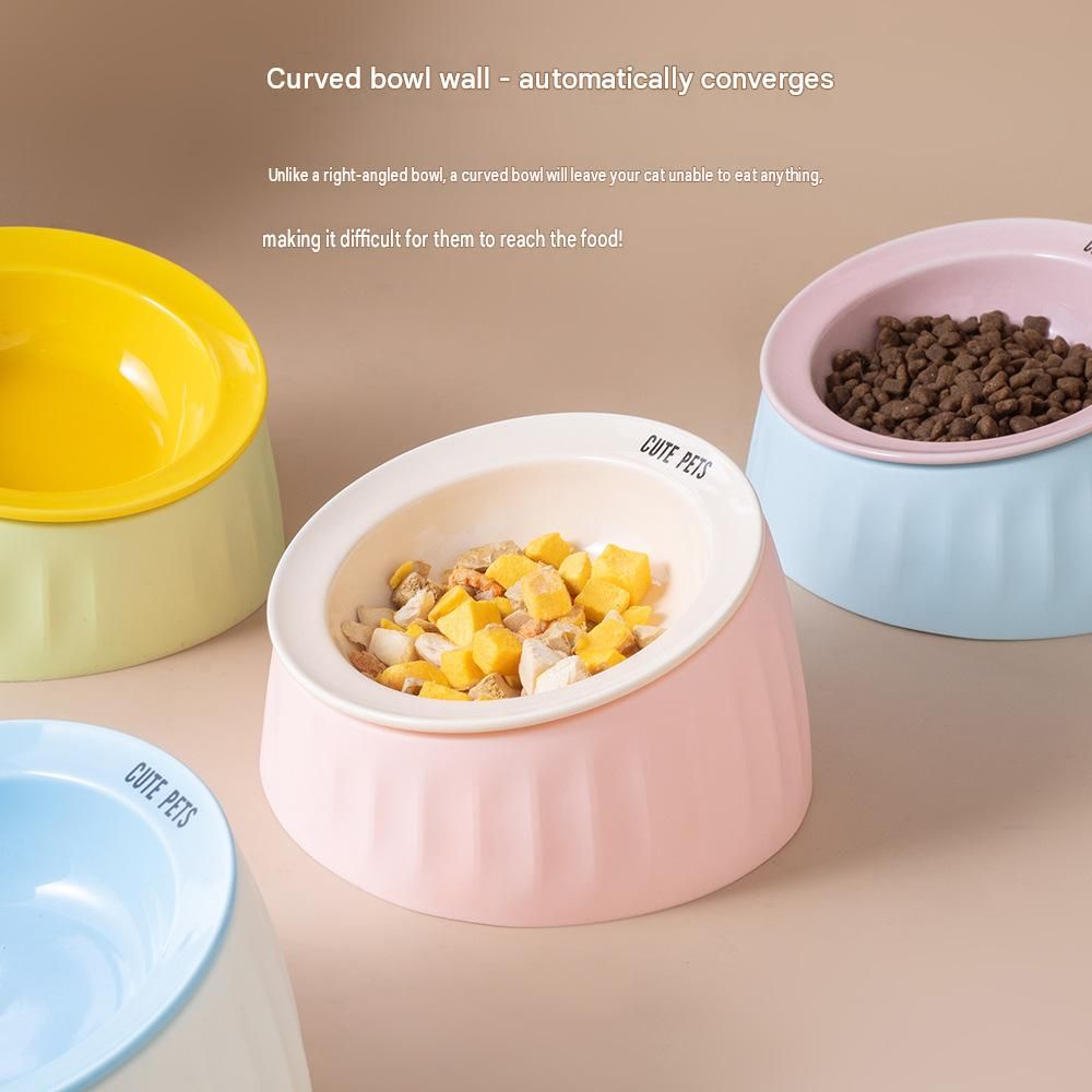 Pet Feeding Set - 15 Degree Tilted Ceramic Yellow Bowl and Yellow Non-Slip PVC Mat, Detachable Design, Easy Clean Cat Dog Food Water Dish