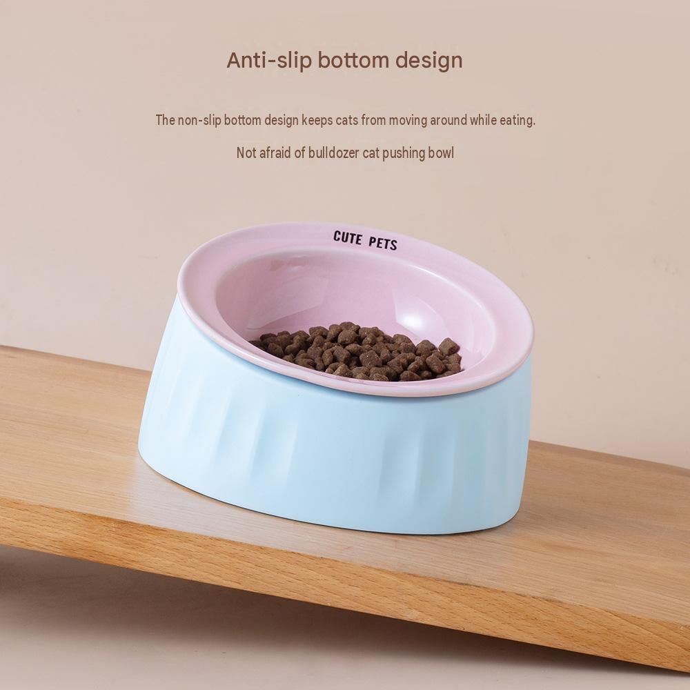 Pet Feeding Set - 15 Degree Tilted Ceramic Pink Bowl and Pink Non-Slip PVC Mat, Detachable Design, Easy Clean Cat Dog Food Water Dish